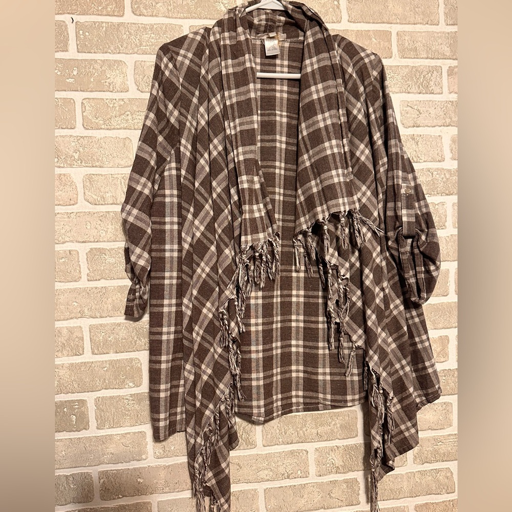 Entro Brown Plaid Fringe Open Cardigan Size Medium Boho